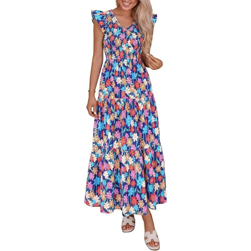 Women's Cotton Boho Floral Maxi Dress Summer Smocked V Neck Ruffle Sleeve Spring Flowy Beach Vacation Sundresses