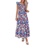 Women's Cotton Boho Floral Maxi Dress Summer Smocked V Neck Ruffle Sleeve Spring Flowy Beach Vacation Sundresses