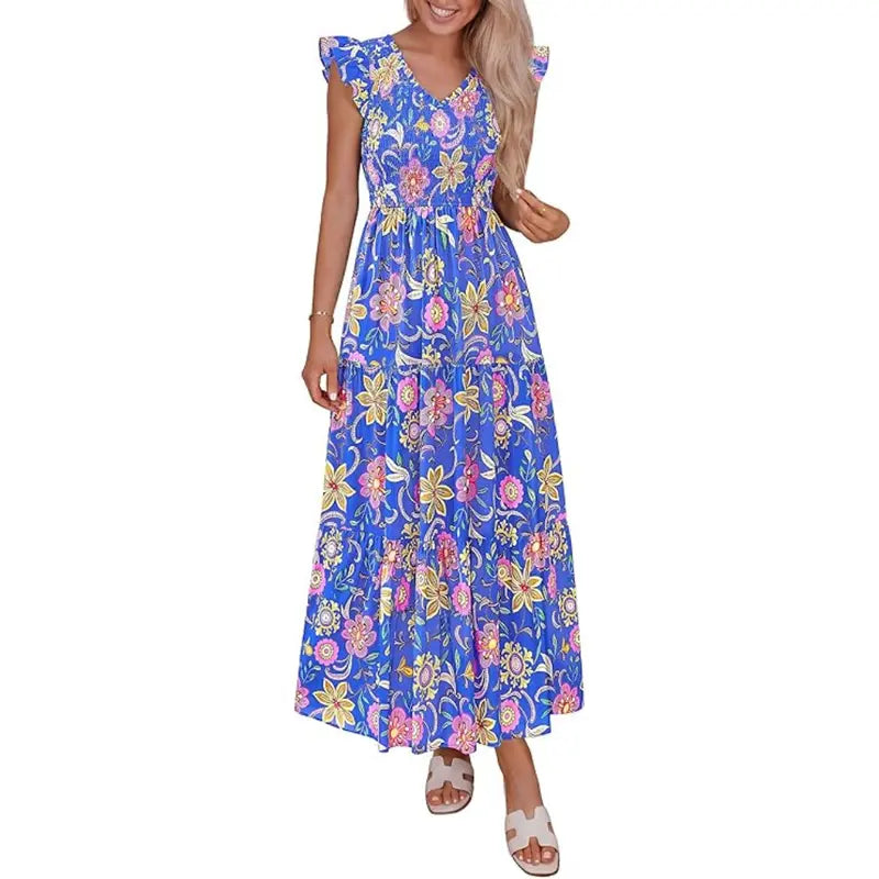 Women's Cotton Boho Floral Maxi Dress Summer Smocked V Neck Ruffle Sleeve Spring Flowy Beach Vacation Sundresses