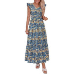 Women's Cotton Boho Floral Maxi Dress Summer Smocked V Neck Ruffle Sleeve Spring Flowy Beach Vacation Sundresses