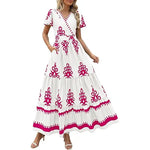Women's Summer Casual V Neck Boho Maxi Dress Flowy Aline Bell Sleeve Tiered Floral Dresses with Pocket Comfort Bohemian Womenswear V-Neck Short Sleeve