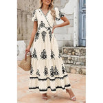 Women's Summer Casual V Neck Boho Maxi Dress Flowy Aline Bell Sleeve Tiered Floral Dresses with Pocket Comfort Bohemian Womenswear V-Neck Short Sleeve