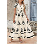 Women's Summer Casual V Neck Boho Maxi Dress Flowy Aline Bell Sleeve Tiered Floral Dresses with Pocket Comfort Bohemian Womenswear V-Neck Short Sleeve
