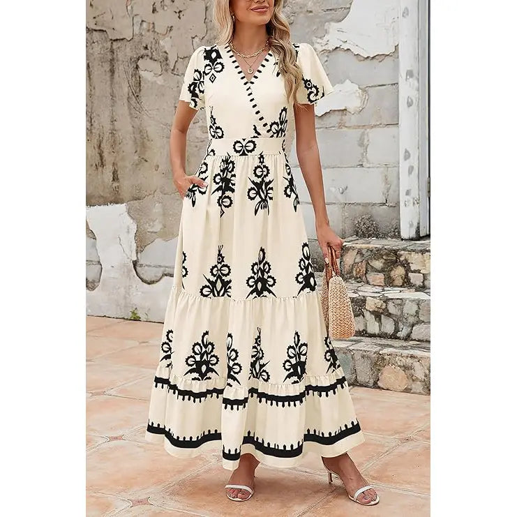 Women's Summer Casual V Neck Boho Maxi Dress Flowy Aline Bell Sleeve Tiered Floral Dresses with Pocket Comfort Bohemian Womenswear V-Neck Short Sleeve