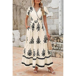 Women's Summer Casual V Neck Boho Maxi Dress Flowy Aline Bell Sleeve Tiered Floral Dresses with Pocket Comfort Bohemian Womenswear V-Neck Short Sleeve