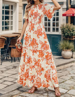 Women's 2026 Summer Casual Floral Print Short Flutter Sleeve Crew Neck Smocked High Waist Flowy Maxi