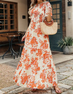 Women's 2026 Summer Casual Floral Print Short Flutter Sleeve Crew Neck Smocked High Waist Flowy Maxi