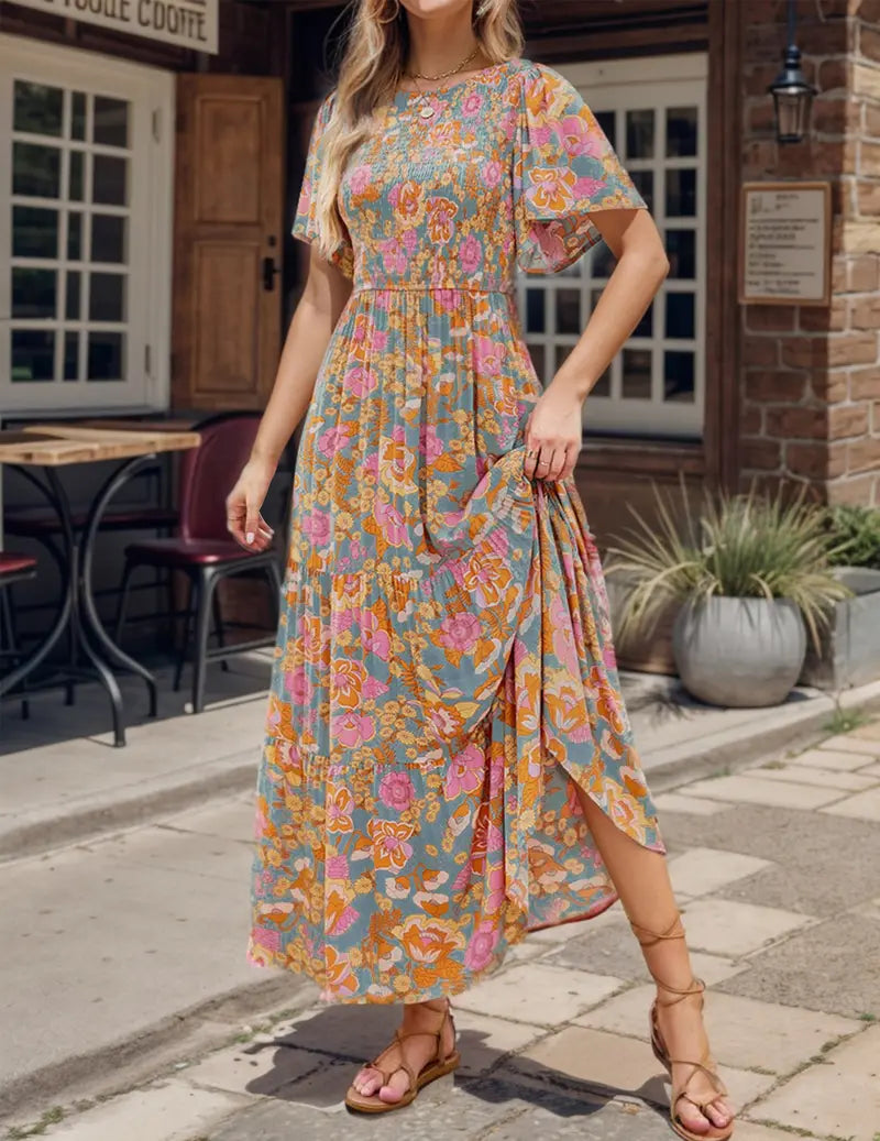 Women's 2026 Summer Casual Floral Print Short Flutter Sleeve Crew Neck Smocked High Waist Flowy Maxi