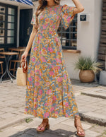 Women's 2026 Summer Casual Floral Print Short Flutter Sleeve Crew Neck Smocked High Waist Flowy Maxi