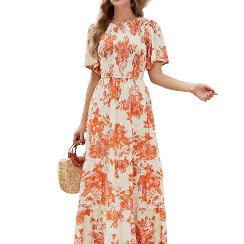 Women's 2026 Summer Casual Floral Print Short Flutter Sleeve Crew Neck Smocked High Waist Flowy Maxi