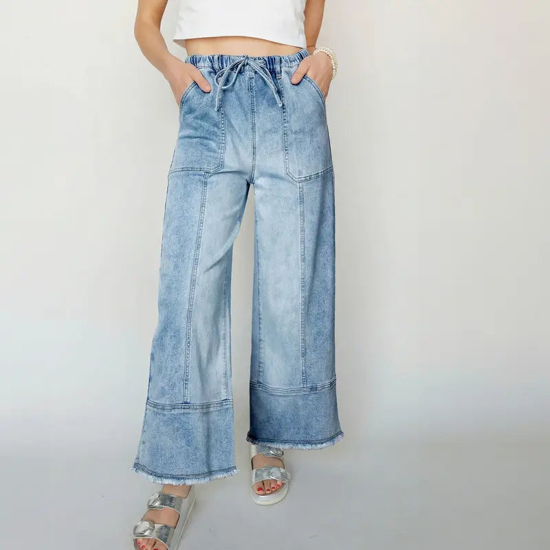 Women’s High-Waist Drawstring Wide-Leg Denim Jeans with Pockets