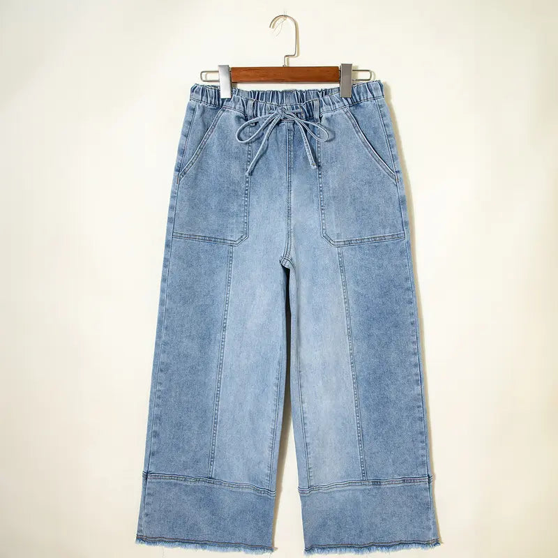 Women’s High-Waist Drawstring Wide-Leg Denim Jeans with Pockets