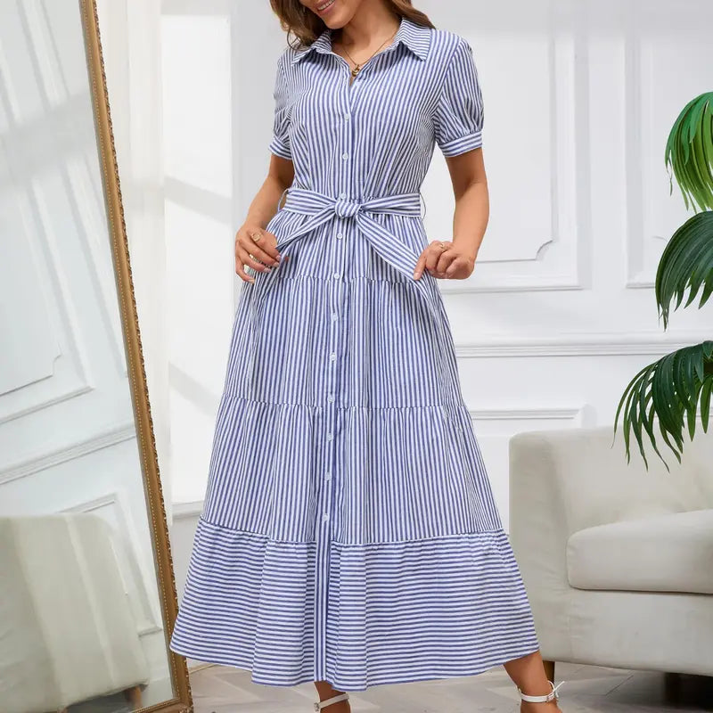 Women’s Button-Down Striped Maxi Dress with Belt