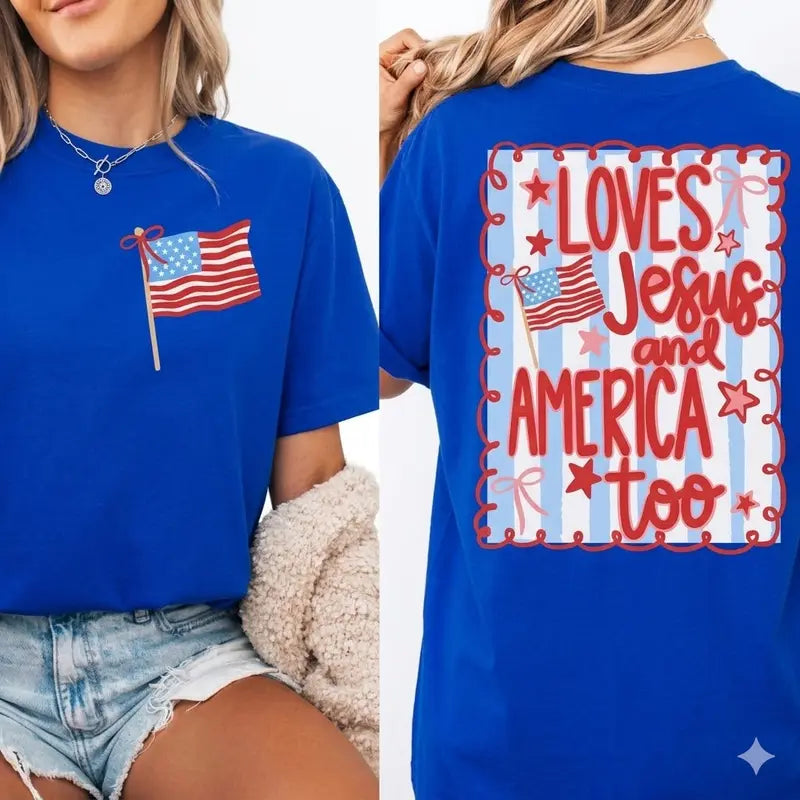 Women's 4th of July Patriotic T-Shirt - Loves Jesus & America Coquette Bow Preppy Graphic Tee, 100% Heavyweight Cotton