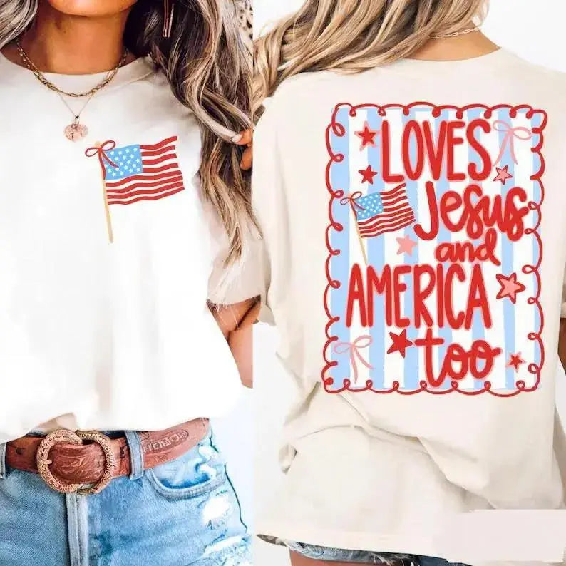 Women's 4th of July Patriotic T-Shirt - Loves Jesus & America Coquette Bow Preppy Graphic Tee, 100% Heavyweight Cotton