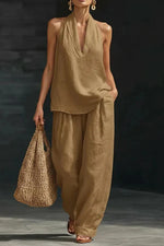 Women's Linen Solid Color Halter Top & Wide Leg Pants Set