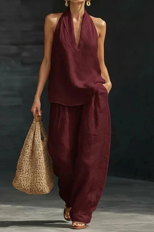 Women's Linen Solid Color Halter Top & Wide Leg Pants Set
