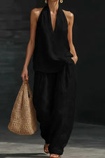 Women's Linen Solid Color Halter Top & Wide Leg Pants Set