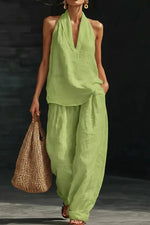 Women's Linen Solid Color Halter Top & Wide Leg Pants Set