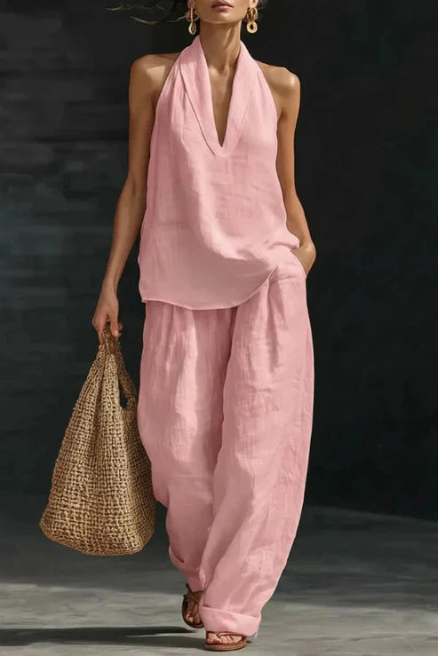 Women's Linen Solid Color Halter Top & Wide Leg Pants Set