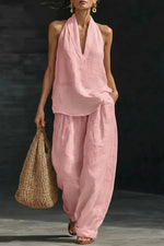 Women's Linen Solid Color Halter Top & Wide Leg Pants Set