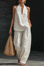 Women's Linen Solid Color Halter Top & Wide Leg Pants Set