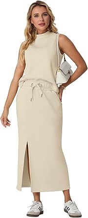 Two Piece Sets Mock-Neck Top & Elastic Waist Midi Skirt with Pockets