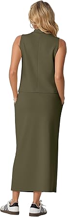 Two Piece Sets Mock-Neck Top & Elastic Waist Midi Skirt with Pockets