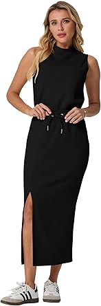 Two Piece Sets Mock-Neck Top & Elastic Waist Midi Skirt with Pockets