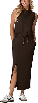 Two Piece Sets Mock-Neck Top & Elastic Waist Midi Skirt with Pockets