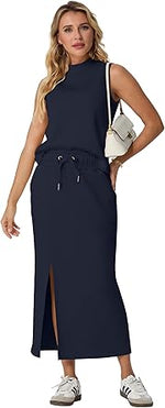 Two Piece Sets Mock-Neck Top & Elastic Waist Midi Skirt with Pockets