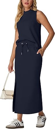 Two Piece Sets Mock-Neck Top & Elastic Waist Midi Skirt with Pockets
