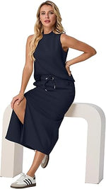 Two Piece Sets Mock-Neck Top & Elastic Waist Midi Skirt with Pockets