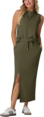 Two Piece Sets Mock-Neck Top & Elastic Waist Midi Skirt with Pockets
