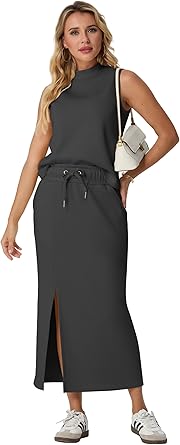 Two Piece Sets Mock-Neck Top & Elastic Waist Midi Skirt with Pockets