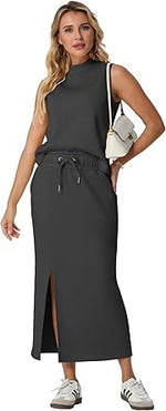 Two Piece Sets Mock-Neck Top & Elastic Waist Midi Skirt with Pockets