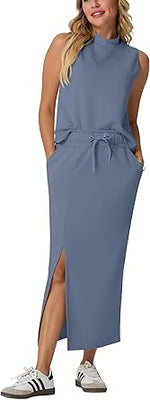 Two Piece Sets Mock-Neck Top & Elastic Waist Midi Skirt with Pockets