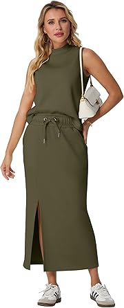 Two Piece Sets Mock-Neck Top & Elastic Waist Midi Skirt with Pockets