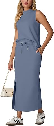 Two Piece Sets Mock-Neck Top & Elastic Waist Midi Skirt with Pockets