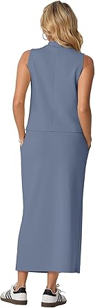 Two Piece Sets Mock-Neck Top & Elastic Waist Midi Skirt with Pockets