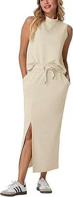 Two Piece Sets Mock-Neck Top & Elastic Waist Midi Skirt with Pockets