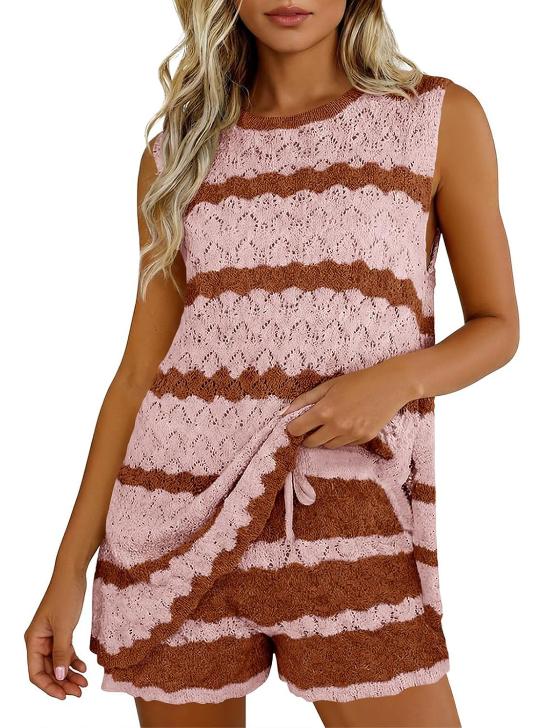Women's Striped Knit Sleeveless Top and Shorts Co-ord Set
