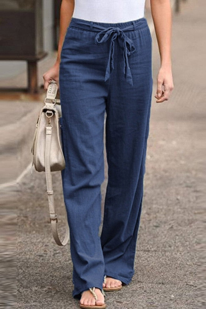 Solid Color with Pockets Sashes Loose Pants