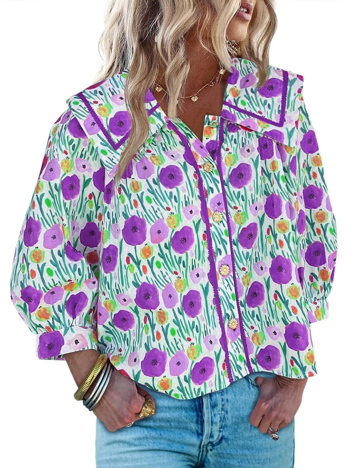 Women's Vibrant Floral Print Collar Blouse