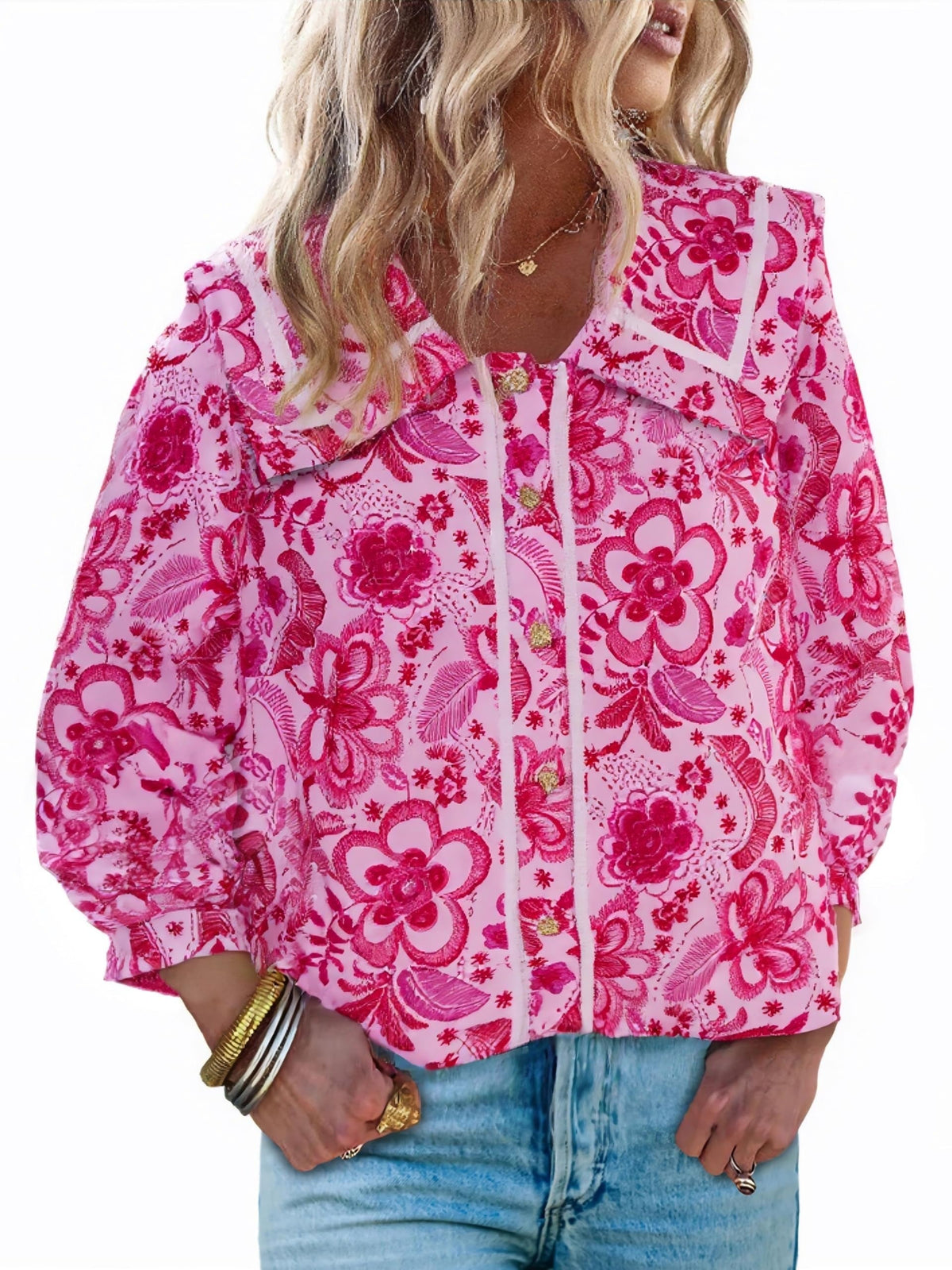 Women's Vibrant Floral Print Collar Blouse