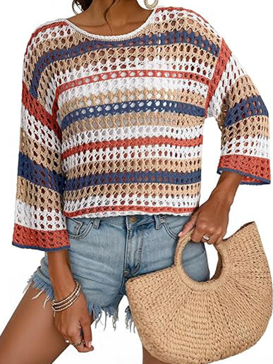Women's 3/4 Sleeve Hollow Out Color Block Striped Tops