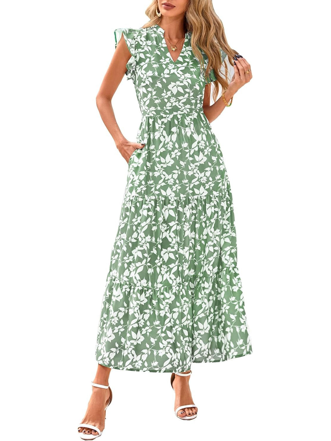 Women's Boho Print V Neck Ruffle Maxi Dress
