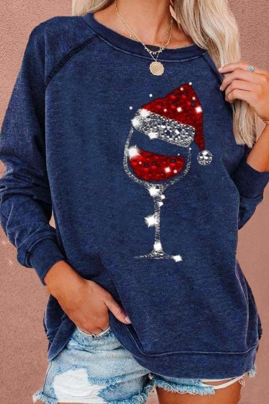 Christmas Wine Glass Print Long Sleeves Sweatshirt