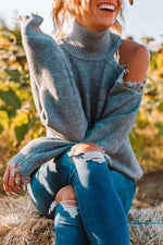 Plain Hollow Out High Neck Long Sleeves Sweater