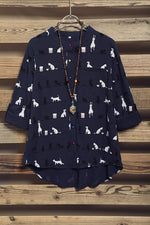 Cute Cat Print High Neck Short Sleeves Single Breasted Shirt
